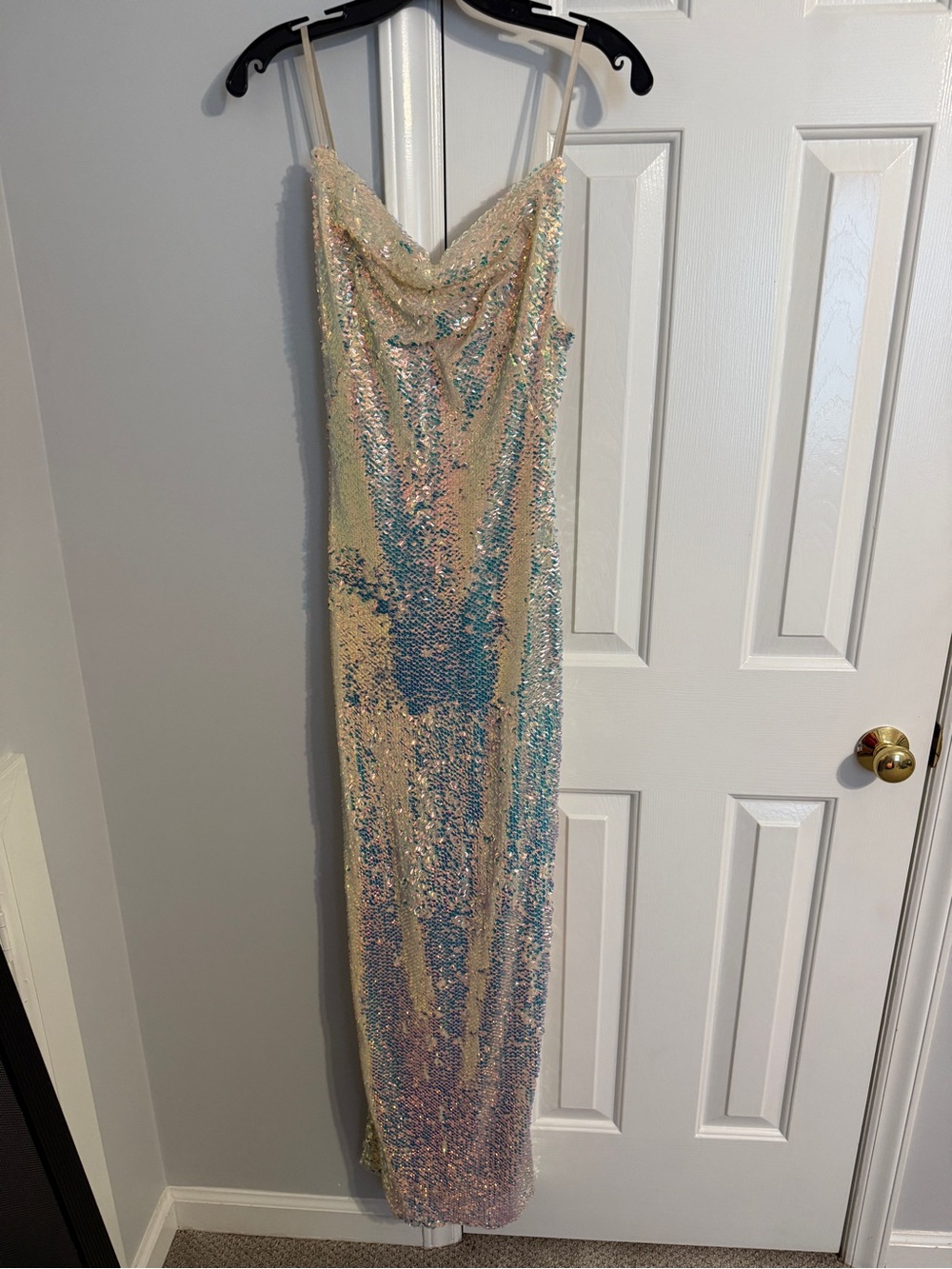 Iridescent Sequin Cowl Neck Evening Dress